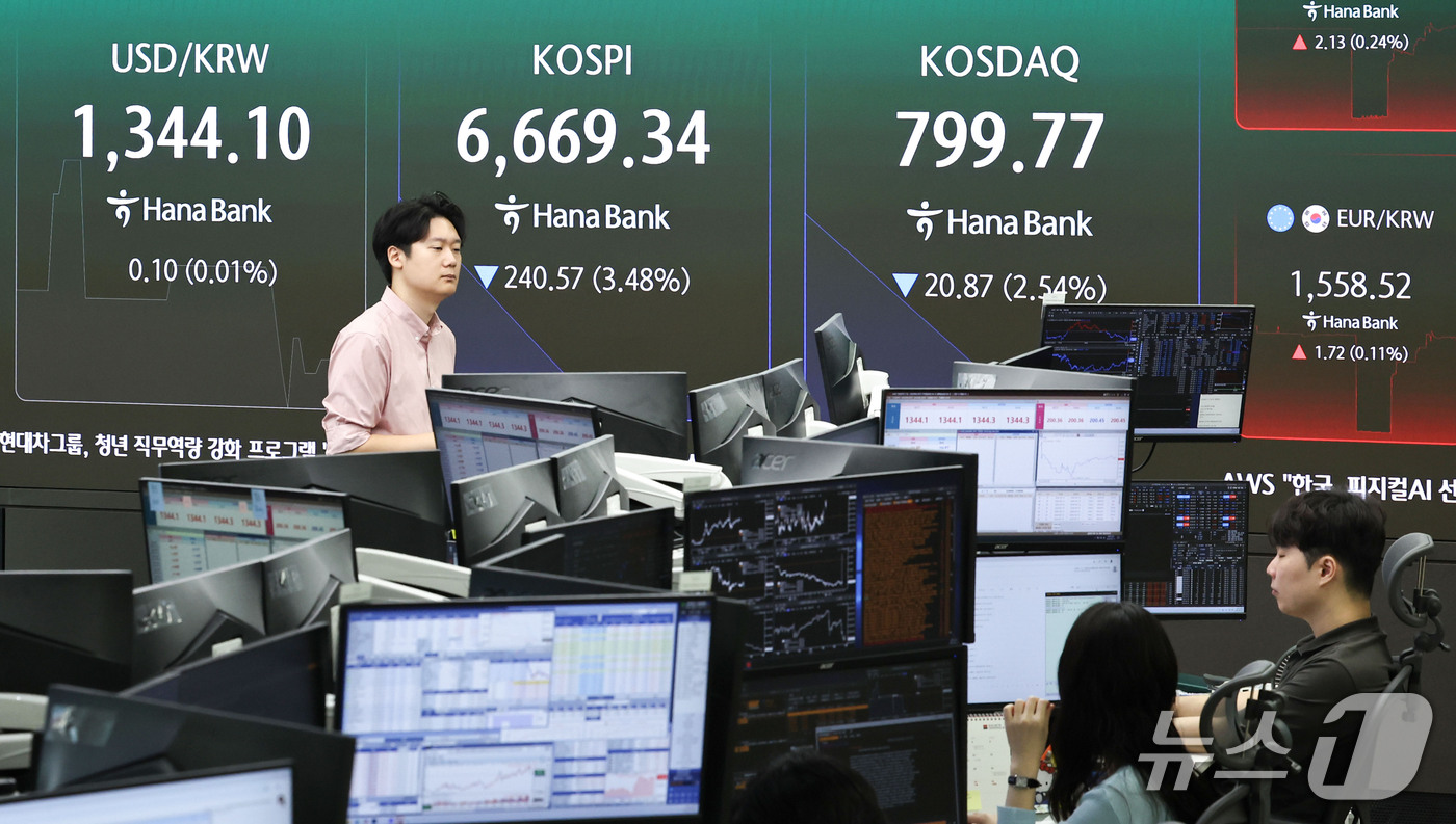 (서울=뉴스1) 이종수 기자 = 14일 오전 서울 중구 하나은행 딜링룸 전광판에 코스피 지수 등 시황이 표시되고 있다. 이날 코스피는 전 거래일 대비 217.30포인트(3.14%) …