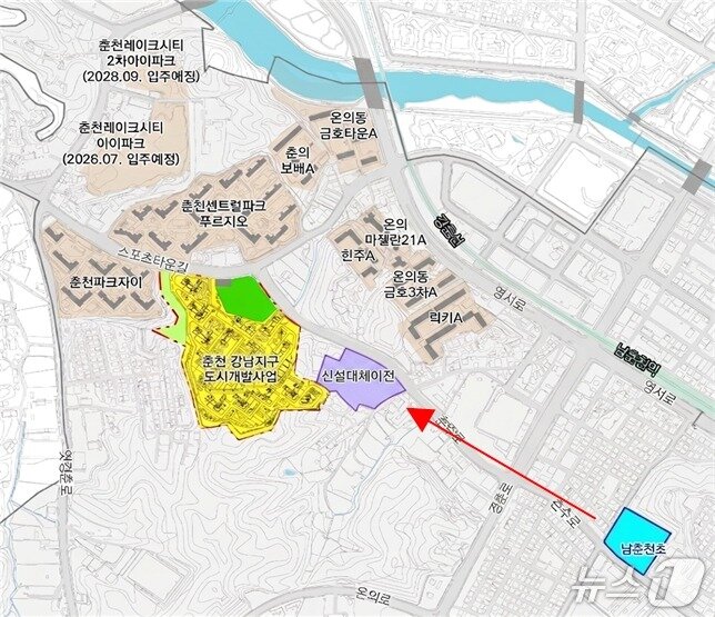 본문 이미지 - 남춘천초 이전 예정부지 위치도.(강원도교육청 제공, 재판매 및 DB 금지) 2026.9.14