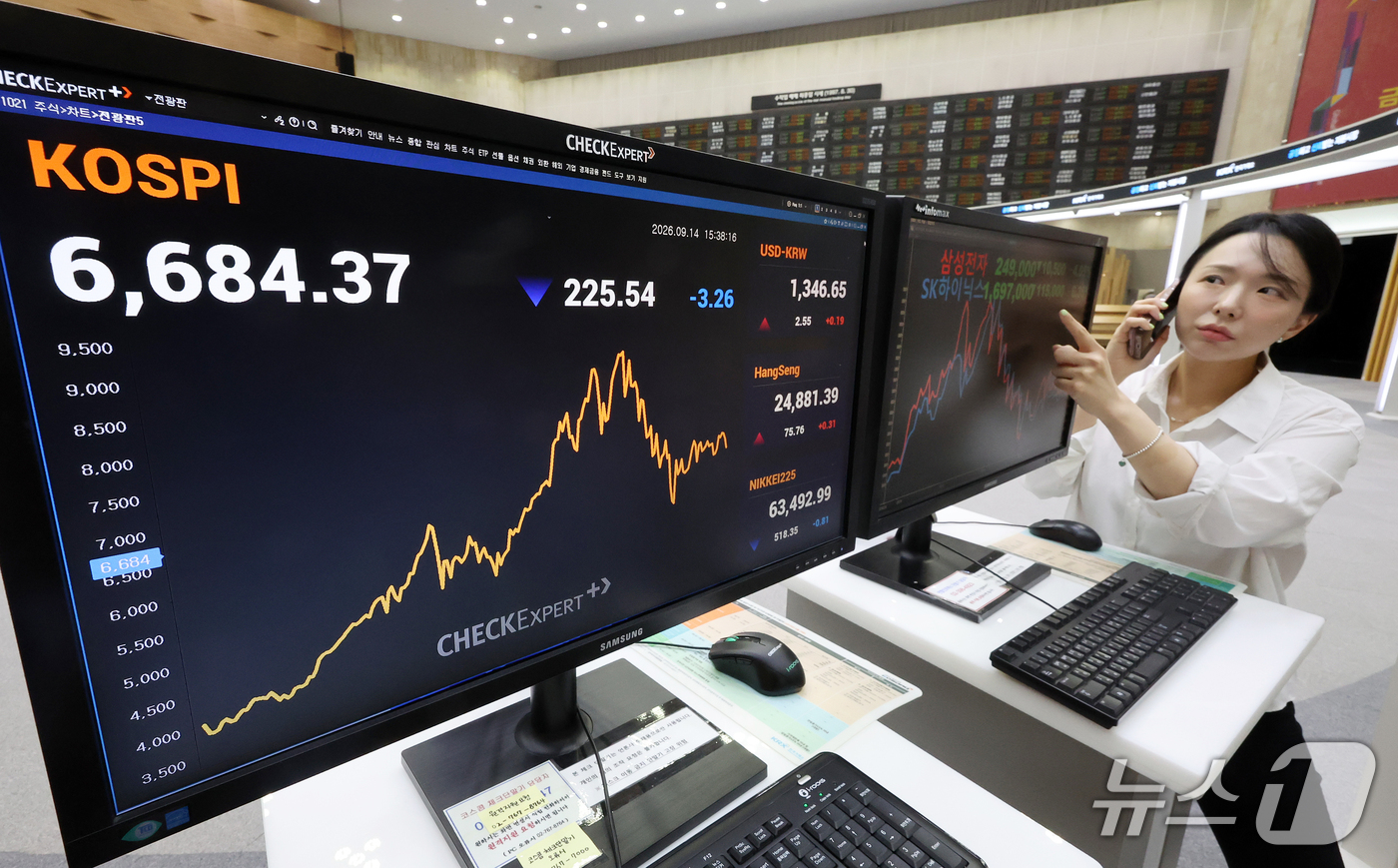 (서울=뉴스1) 김진환 기자 = 14일 오후 서울 여의도 한국거래소 전광판에 증시 시황이 표시되고 있다.이날 코스피는 전 거래일 종가와 비교해 225.54포인트(3.26%) 내린 …
