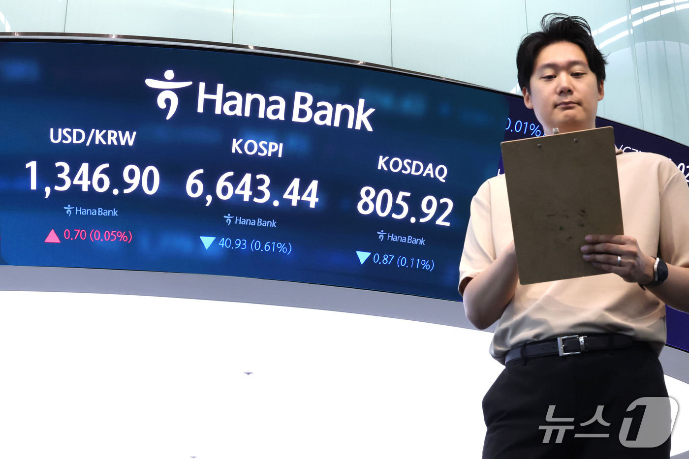 (서울=뉴스1) 이광호 기자 = 코스피가 하락 출발한 15일 오전 서울 중구 하나은행 딜링룸 현황판에 코스피와 코스닥지수, 원달러환율이 표시되고 있다.   2026.9.15/뉴스1 …