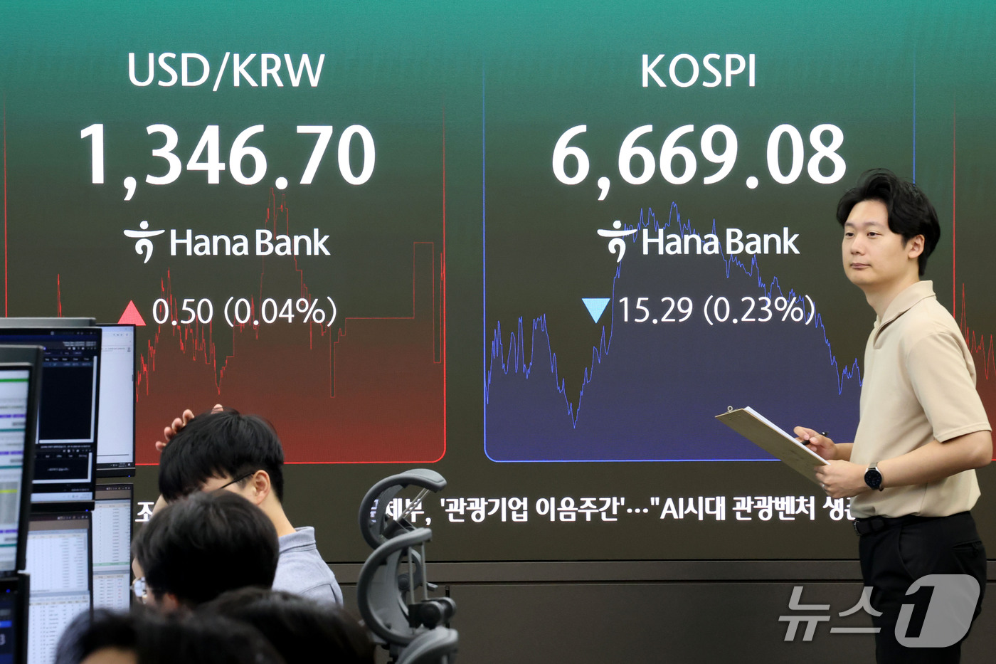 (서울=뉴스1) 이광호 기자 = 코스피가 하락 출발한 15일 오전 서울 중구 하나은행 딜링룸 현황판에 코스피지수와 원달러환율이 표시되고 있다.   2026.9.15/뉴스1