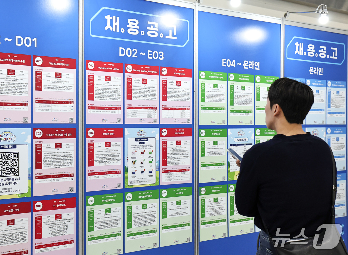 (서울=뉴스1) 이종수 기자 = 15일 서울 서초구 aT센터에서 열린 ‘2026 관광 일자리페스타’에서 한 구직자가 채용공고 게시판을 살펴보고 있다. 2026.9.15/뉴스1