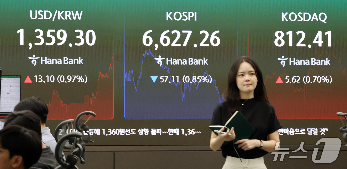(서울=뉴스1) 박세연 기자 = 15일 오후 서울 중구 하나은행 딜링룸 현황판에 코스피와 코스닥지수, 원달러환율이 표시되고 있다.이날 코스피는 전일 대비 57.11p(0.85%)내 …