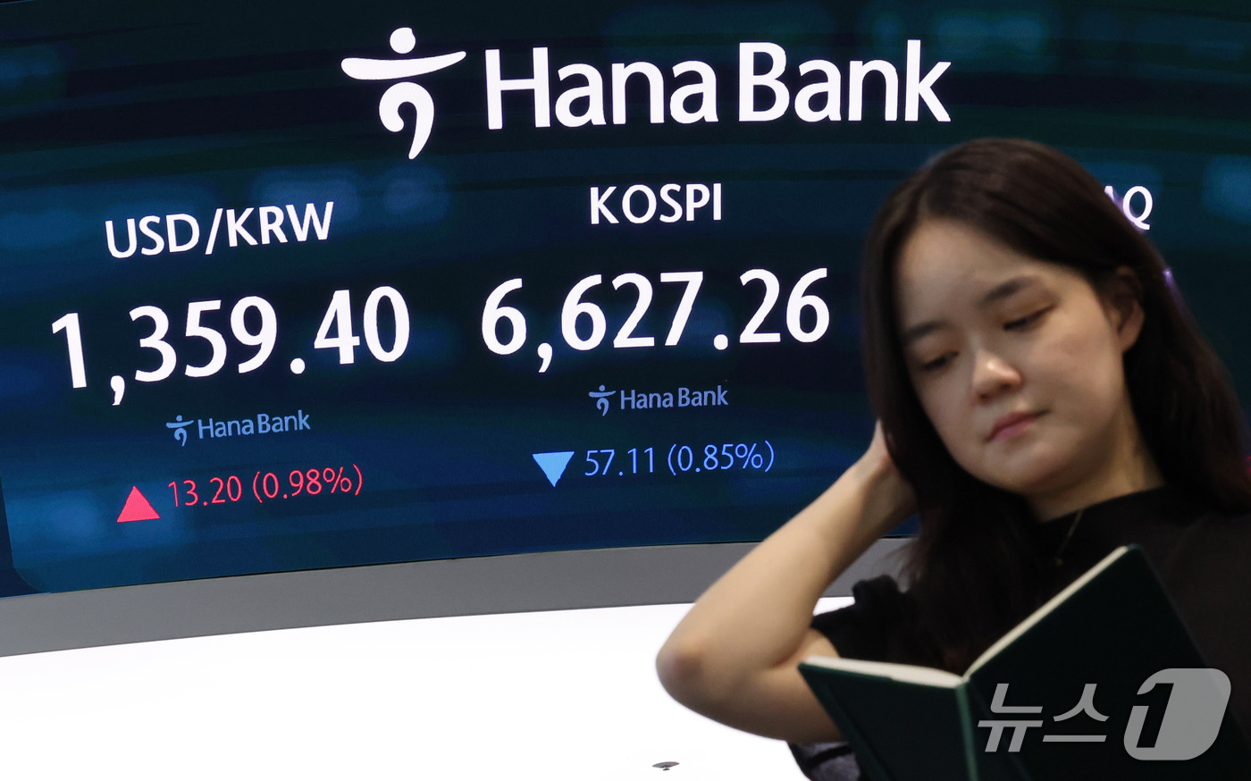 (서울=뉴스1) 박세연 기자 = 15일 오후 서울 중구 하나은행 딜링룸 현황판에 코스피와 원달러환율이 표시되고 있다.이날 코스피는 전일 대비 57.11p(0.85%)내린 6,627 …