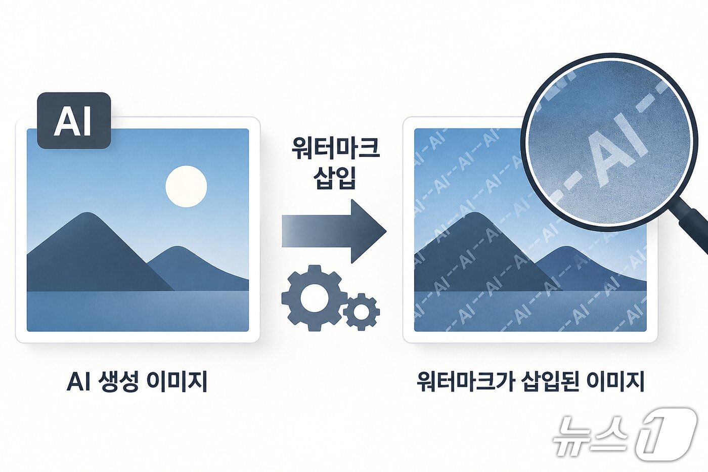 본문 이미지 - AI로 생성한 이미지에 워터마크를 삽입해 AI 생성물임을 식별할 수 있도록 하는 과정을 표현한 삽화. (챗GPT로 생성한 이미지) ⓒ 뉴스1 