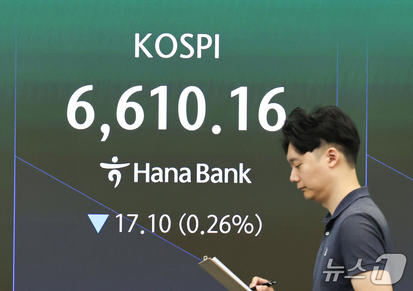 (서울=뉴스1) 이종수 기자 = 16일 오전 서울 중구 하나은행 딜링룸 전광판에 코스피 지수 등 시황이 표시되고 있다. 이날 코스피는 전 거래일 대비 16.02포인트(0.24%) …