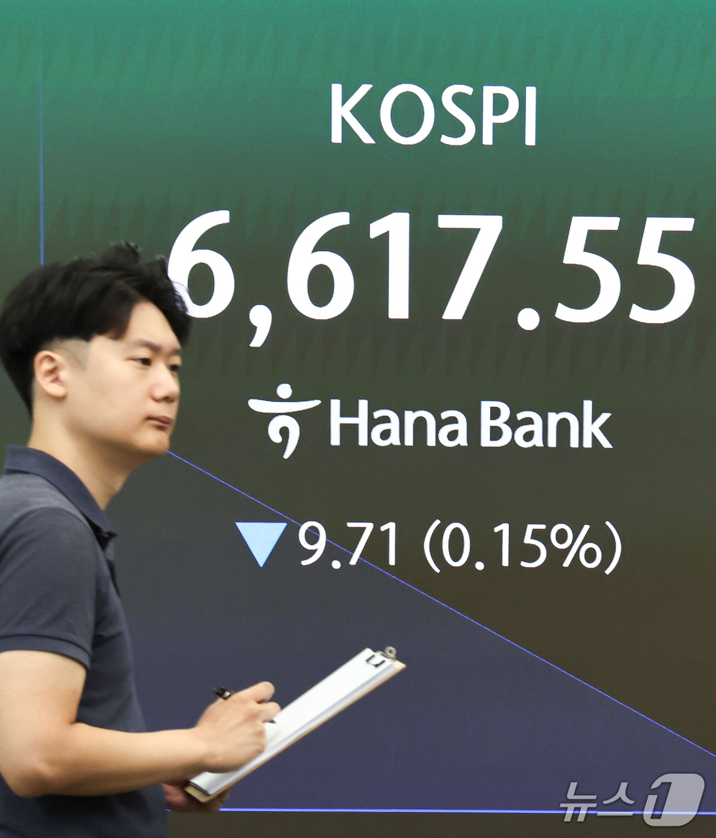(서울=뉴스1) 이종수 기자 = 16일 오전 서울 중구 하나은행 딜링룸 전광판에 코스피 지수 등 시황이 표시되고 있다. 이날 코스피는 전 거래일 대비 16.02포인트(0.24%) …
