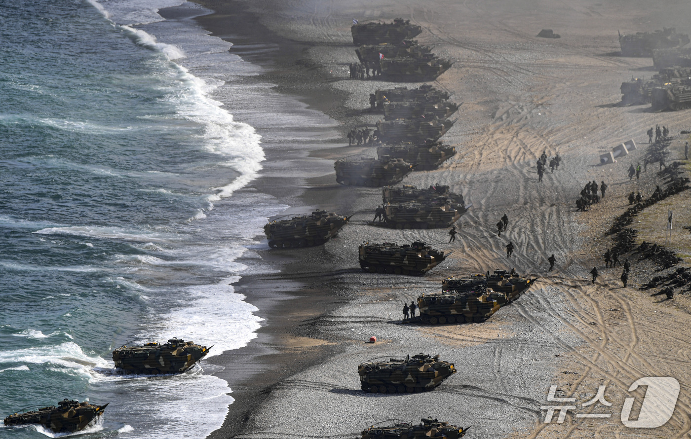 (서울=뉴스1) = 해군·해병대는 10일부터 19일까지 경북 포항 일대에서 '26년 사단급 합동상륙훈련을 실시하고 있다고 16일 밝혔다. 사진은 지난 15일 해병대 상륙군 장병들이 …