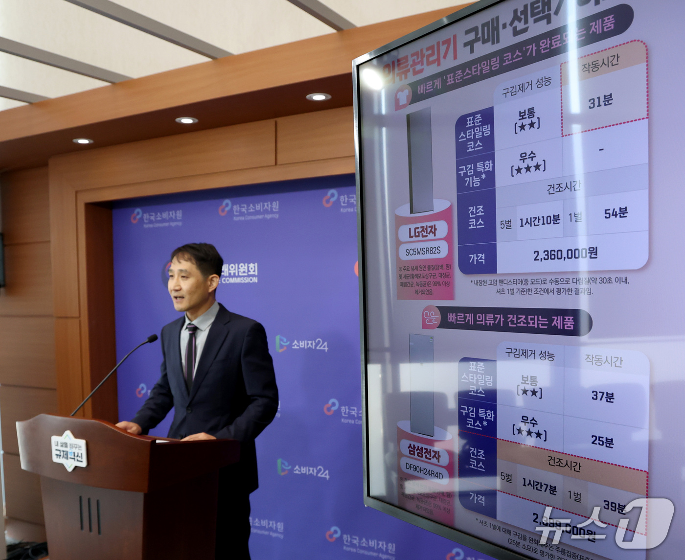 (세종=뉴스1) 김기남 기자 = 서정남 한국소비자원 전기가전팀장이 16일 정부세종청사 공정거래위원회에서 의류관리기 3개 제품의 품질과 안전성 등 시험평가 내용을 발표하고 있다. 2 …