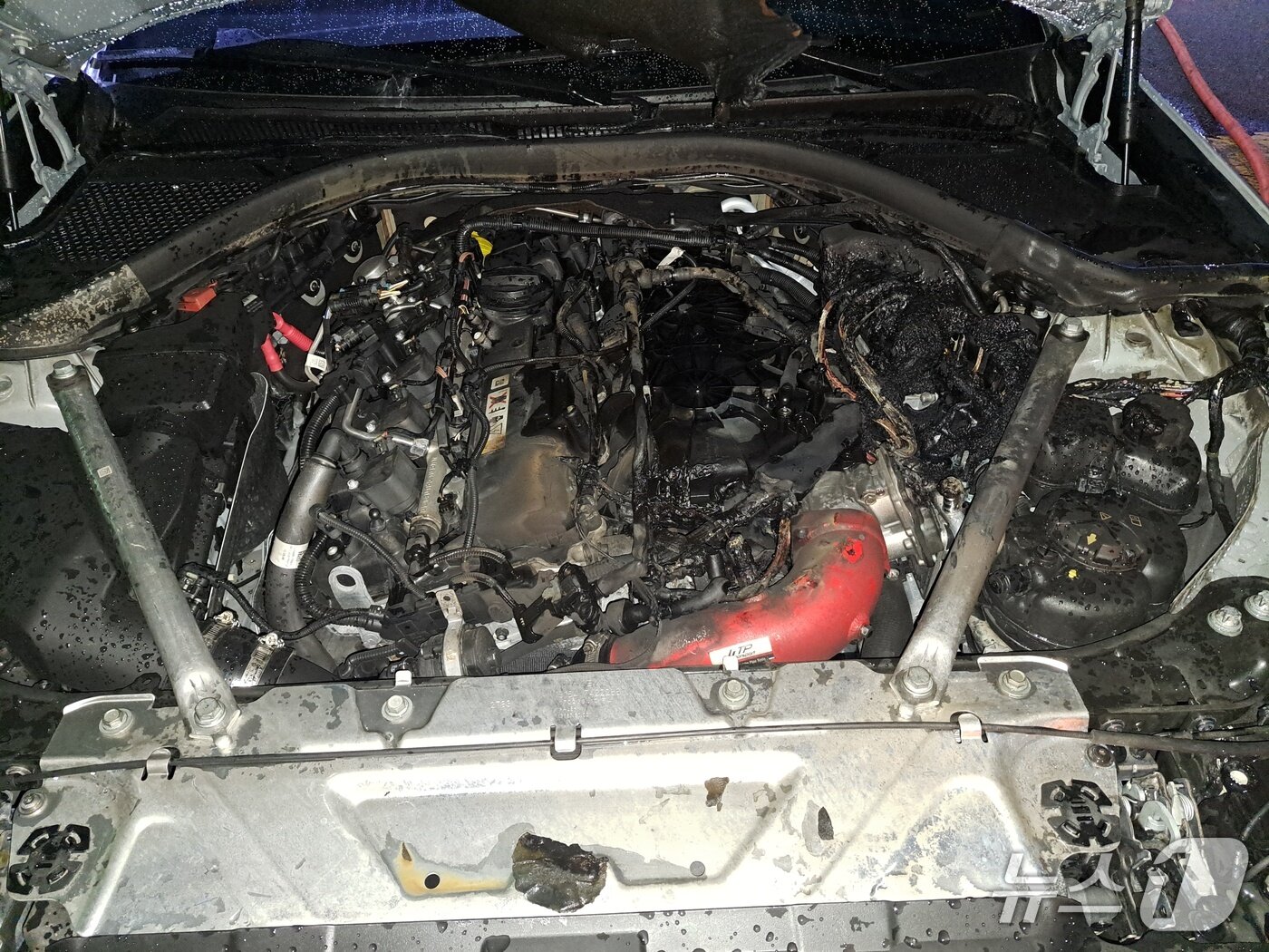 본문 이미지 - 부산 감전동 도로에서 화재가 발생한 BMW 엔진룸 내부.(부산재난소방본부 제공. 재판매 및 DB 금지)