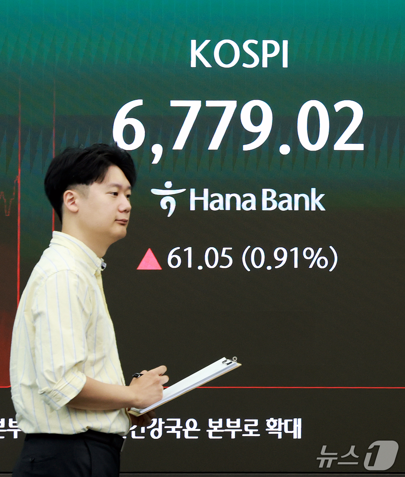 (서울=뉴스1) 이호윤 기자 = 17일 서울 중구 하나은행 딜링룸 전광판에 코스피 지수 등 시황이 표시되고 있다. 이날 코스피는 전 거래일 대비 61.05p(0.91%) 상승한 6 …