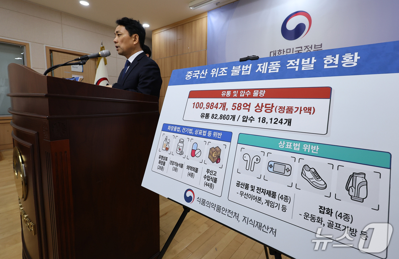 (서울=뉴스1) 김성진 기자 = 김진휘 식약처 위해사범중앙조사단장이 17일 서울 양천구 서울지방식품의약품안전청에서 중국산 가짜 화장품 및 건강기능식품 국내 유통 브로커 적발 결과를 …