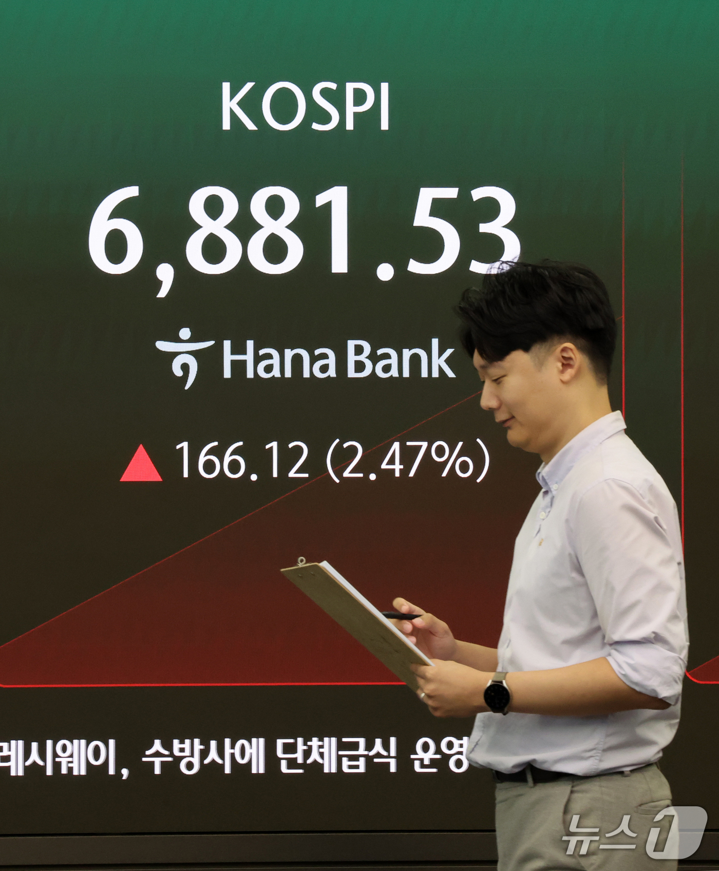 (서울=뉴스1) 김진환 기자 = 18일 서울 중구 하나은행 본점 딜링룸 전광판에 코스피 등 개장 시황이 표시되고 있다.이날 코스피는 전 거래일 대비 166.12p(2.47%) 오른 …