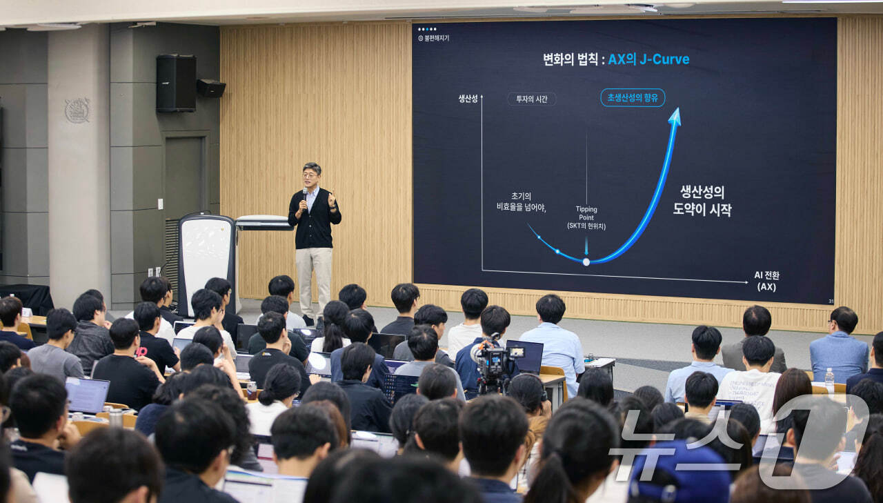 (서울=뉴스1) = 정재헌 SK텔레콤 CEO가 지난 1일 서울 관악구 서울대학교에서 대학(원)생 약 300명을 대상으로 ‘AI 시대의 선택과 기회’ 특강을 하고 있다. (SKT 제 …