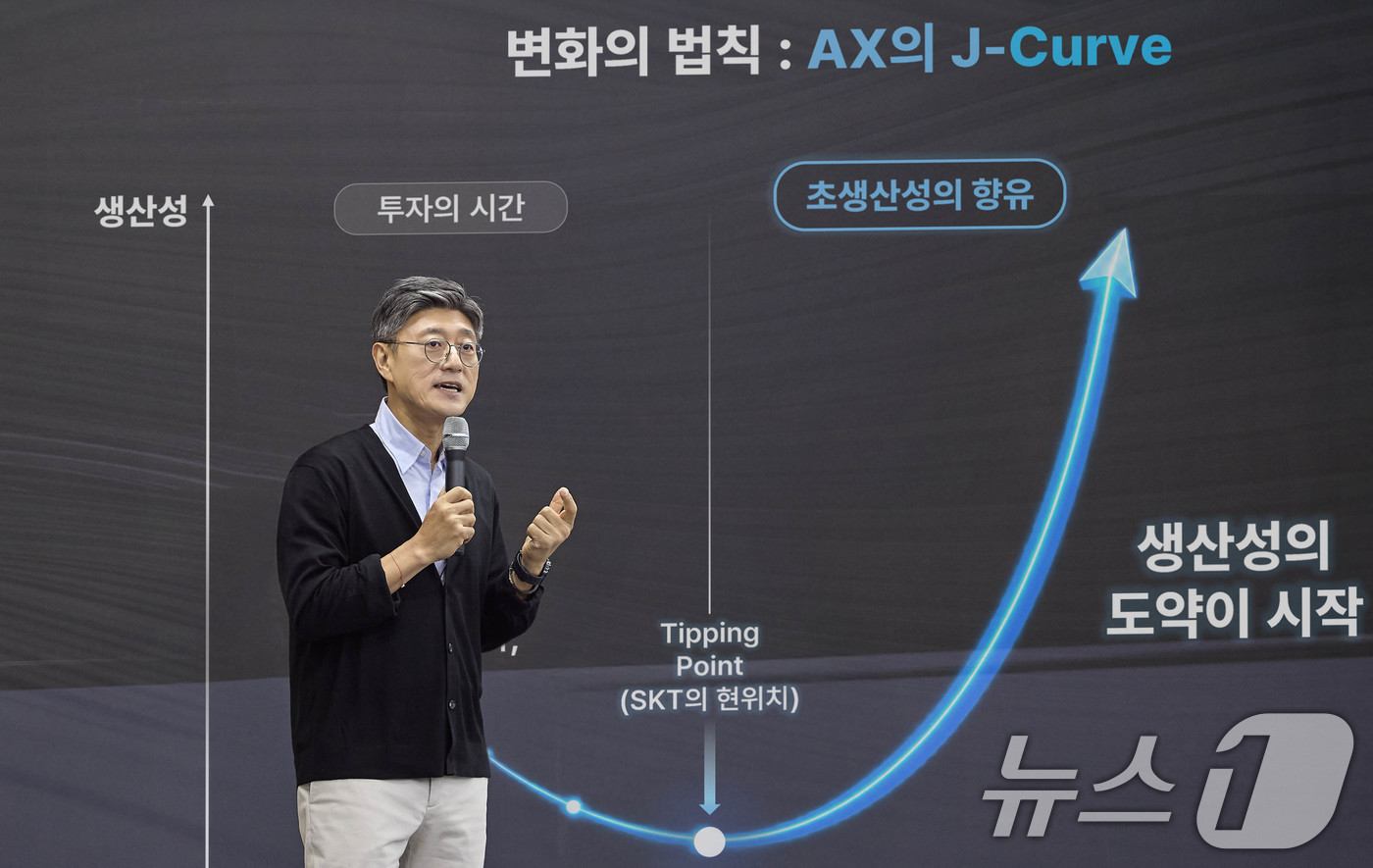 (서울=뉴스1) = 정재헌 SK텔레콤 CEO가 지난 1일 서울 관악구 서울대학교에서 대학(원)생 약 300명을 대상으로 ‘AI 시대의 선택과 기회’ 특강을 하고 있다. (SKT 제 …