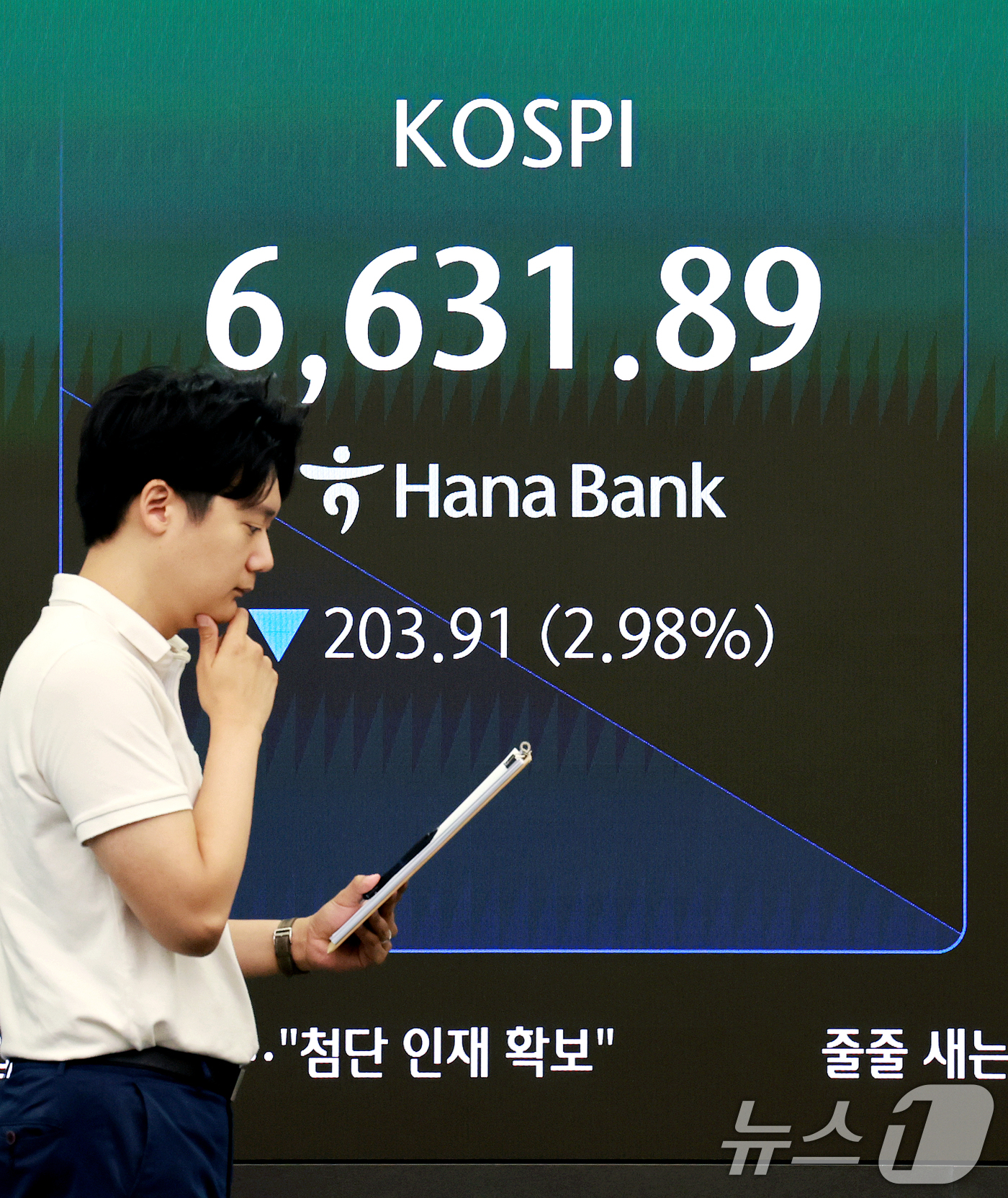 (서울=뉴스1) 이호윤 기자 = 2일 서울 중구 하나은행 딜링룸 전광판에 코스피 지수 등 시황이 표시되고 있다. 이날 코스피는 전 거래일 대비 210.33p(3.08%) 하락한 6 …