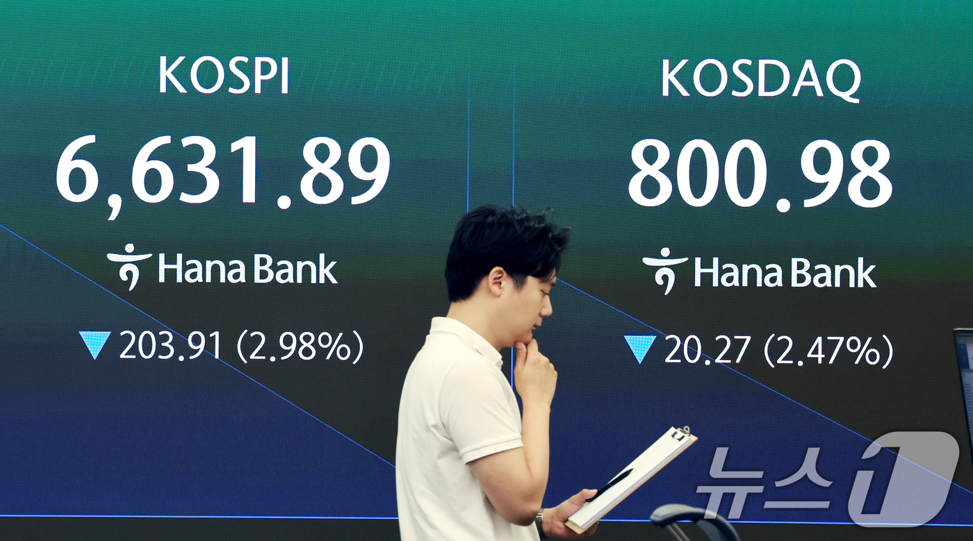 (서울=뉴스1) 이호윤 기자 = 2일 서울 중구 하나은행 딜링룸 전광판에 코스피 지수 등 시황이 표시되고 있다. 이날 코스피는 전 거래일 대비 210.33p(3.08%) 하락한 6 …