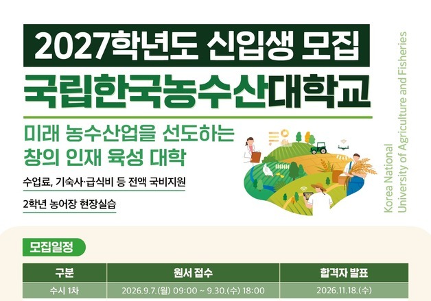한농대, 2027학년도 신입생 570명 선발…7일부터 수시 접수