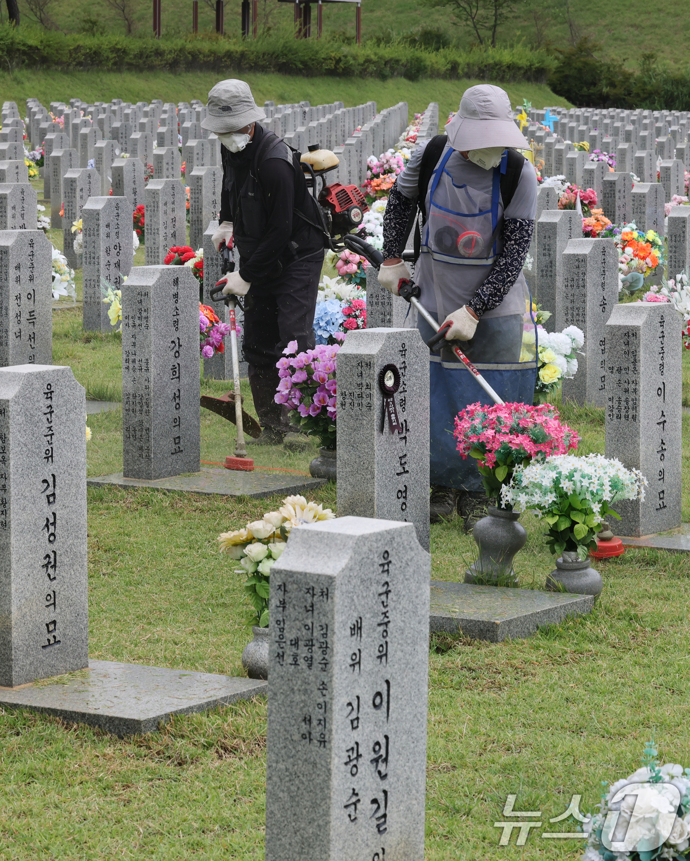 (대전=뉴스1) 김기태 기자 = 추석 명절을 앞둔 2일 대전 유성구 국립대전현충원에서 관계자들이 묘역 주변 벌초 작업을 하고 있다. 2026.9.2/뉴스1