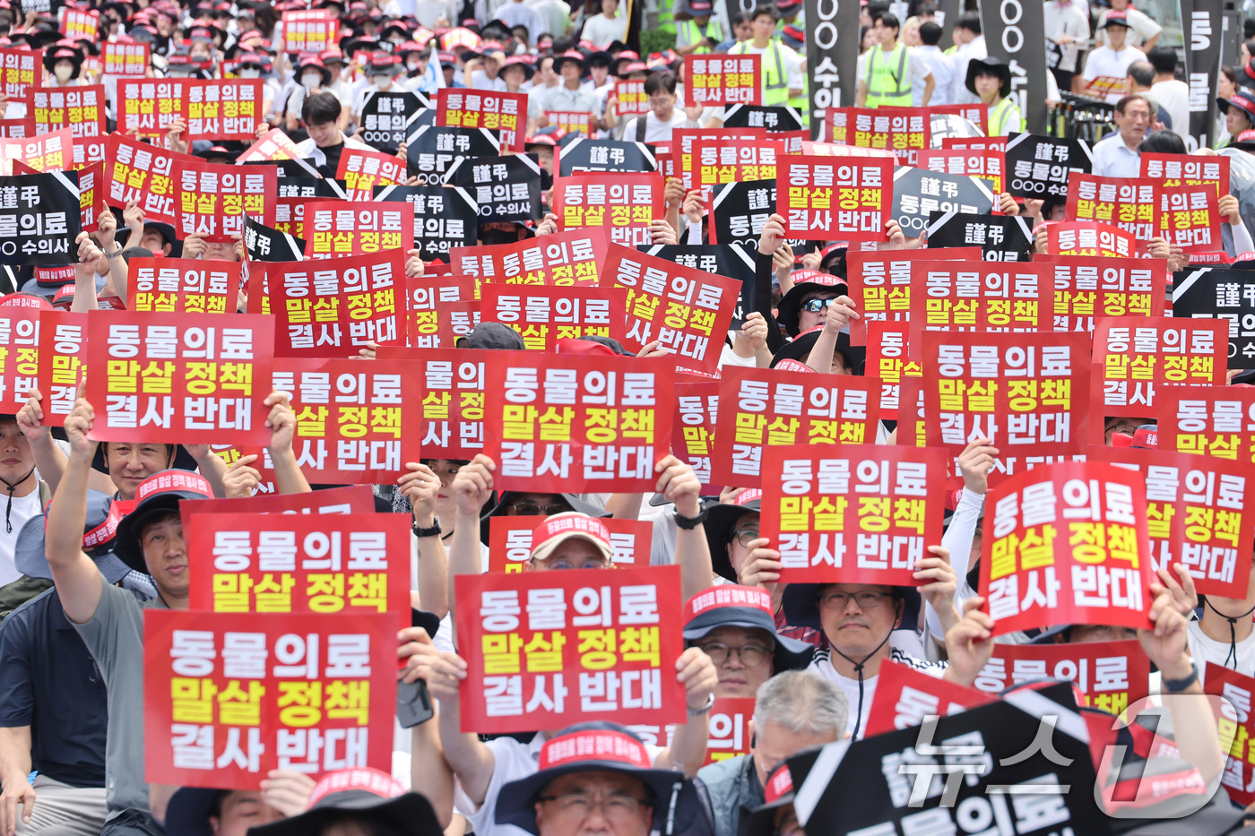 (서울=뉴스1) 신웅수 기자 = 대한수의사회 회원들이 2일 서울 여의도 국회의사당 앞에서 열린 수의사법 개정안 반대 투쟁대회에서 구호를 외치고 있다. 2026.9.2/뉴스1