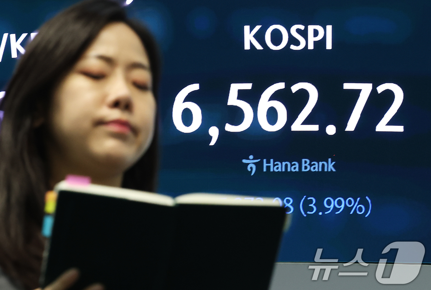(서울=뉴스1) 오대일 기자 = 중동 전운 고조로 코스피가 사흘 만에 하락 전환한 2일 오후 서울 중구 하나은행 본점 딜링룸 전광판에 코스피 등 종가가 표시되고 있다. 이날 코스피 …