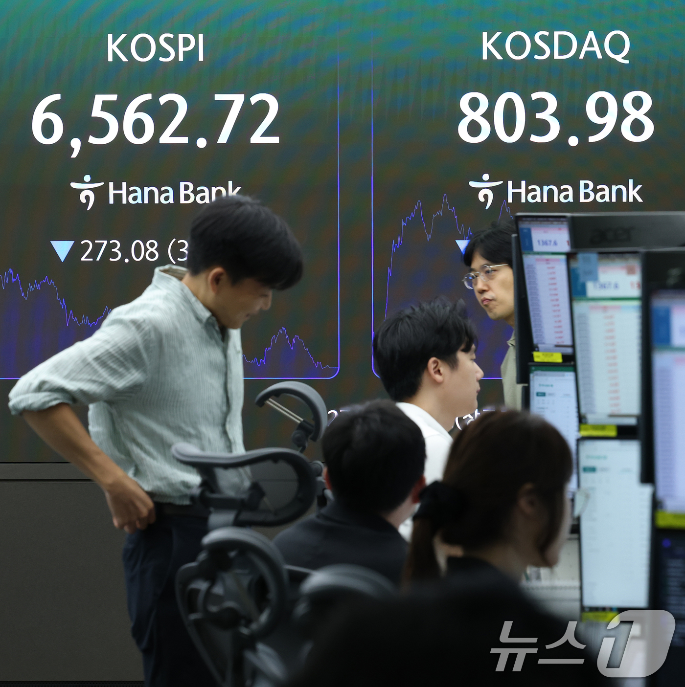 (서울=뉴스1) 오대일 기자 = 중동 전운 고조로 코스피가 사흘 만에 하락 전환한 2일 오후 서울 중구 하나은행 본점 딜링룸 전광판에 코스피 등 종가가 표시되고 있다. 이날 코스피 …