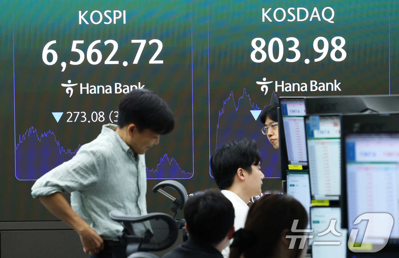 (서울=뉴스1) 오대일 기자 = 중동 전운 고조로 코스피가 사흘 만에 하락 전환한 2일 오후 서울 중구 하나은행 본점 딜링룸 전광판에 코스피 등 종가가 표시되고 있다. 이날 코스피 …