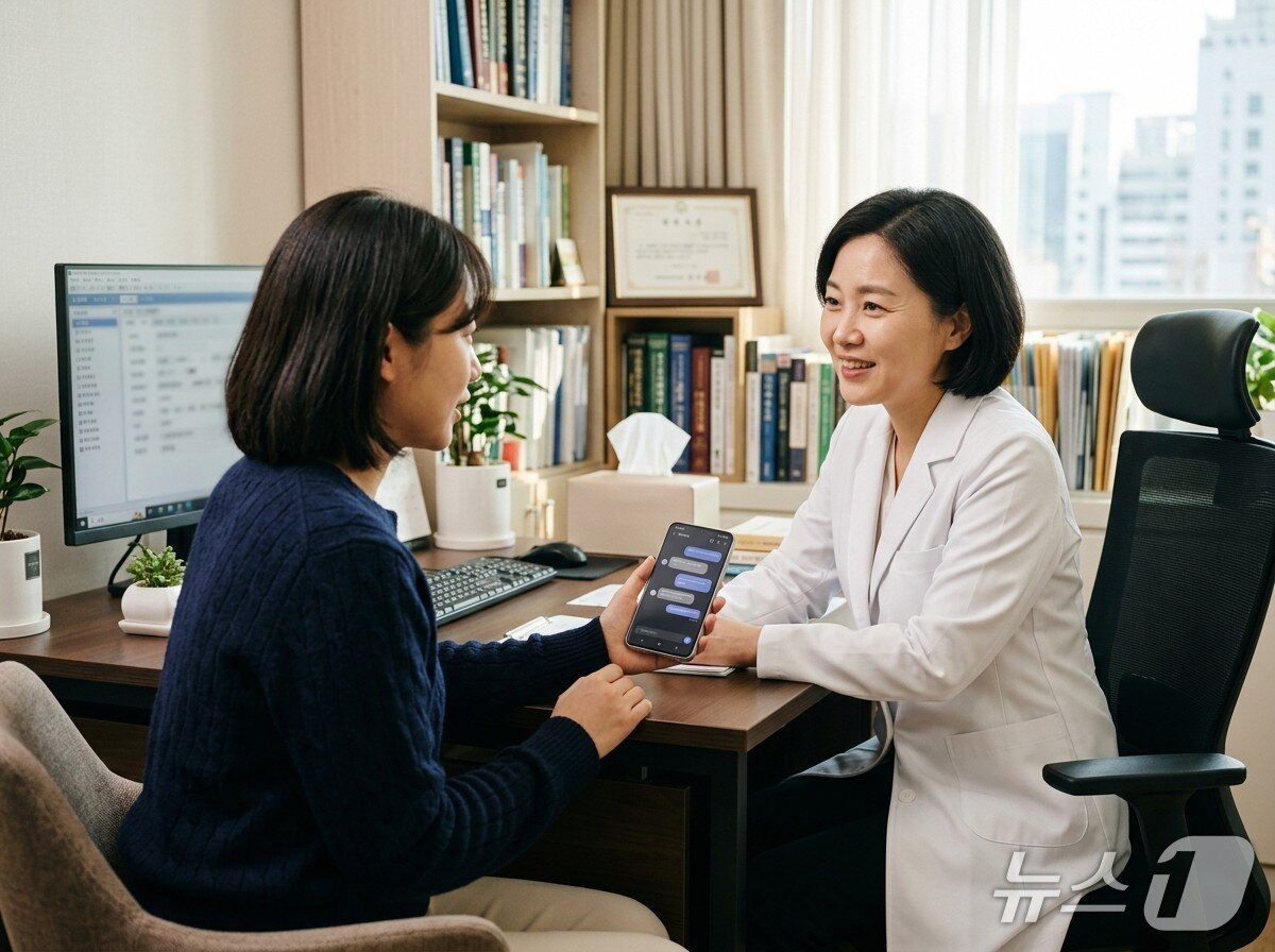 본문 이미지 - 정신건강의학과 전문의가 인공지능(AI)을 활용하는 환자와 상담하는 모습. (AI 생성 이미지, KAIST 제공)