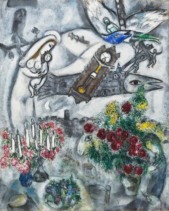 본문 이미지 - Marc Chagall, Around Vence, 1955-1957, oil and sawdust on canvas, 162 &times; 131.1 cm ⓒ Marc Chagall ADAGP, Paris - SACK, Seoul, 2026(글로벌세아 제공)