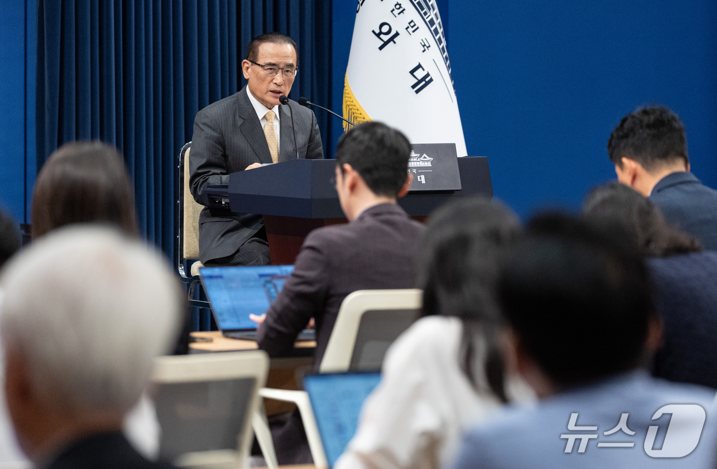 (서울=뉴스1) 이재명 기자 = 위성락 국가안보실장이 21일 춘추관에서 이재명 대통령 순방 일정 관련 브리핑을 하고 있다. 2026.9.21/뉴스1