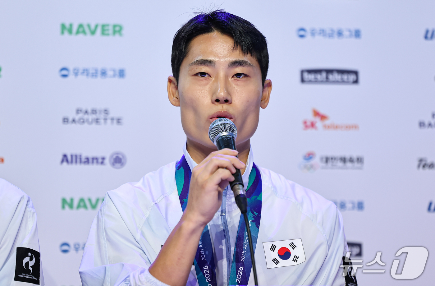 (나고야=뉴스1) 김도우 기자 = 테크볼 이준석이 21일 일본 나고야 코리안하우스에서 열린 근대5종·테크볼 금메달리스트 기자회견에서 소감을 밝히고 있다. 2026.9.21/뉴스1