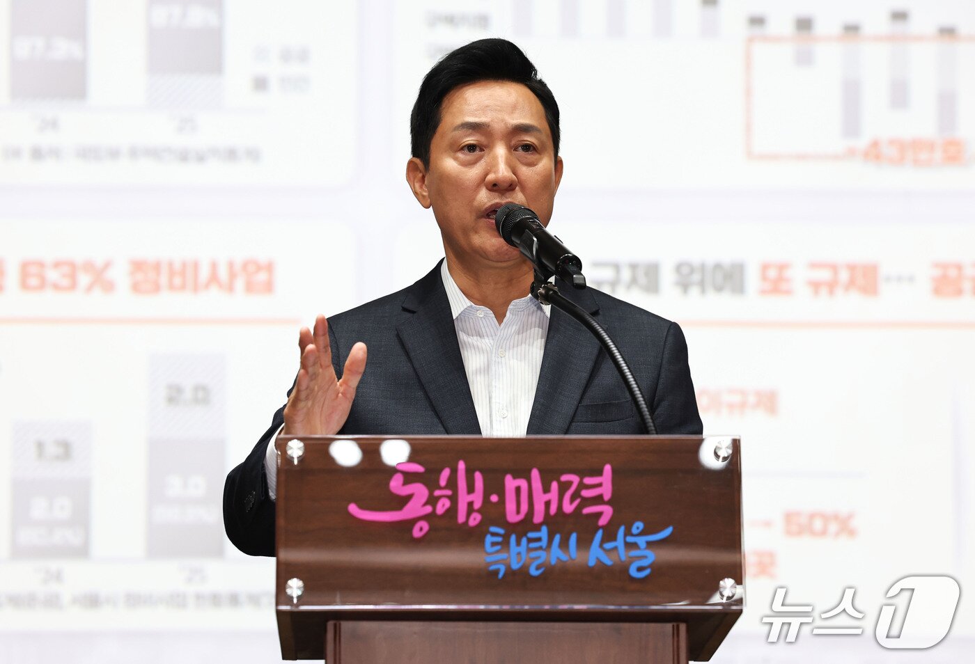 본문 이미지 - 오세훈 서울시장이 21일 서울 중구 서울시청에서 열린 ‘서울 주택정책 성과공유회’에서 정비사업 지정과 공공주택 확보 등 주택정책 성과를 발표하고 있다. 2026.9.21 ⓒ 뉴스1 이종수 기자
