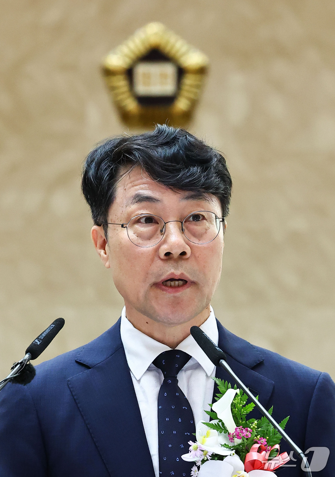 (서울=뉴스1) 이광호 기자 = 김성수 신임 대법관이 21일 서울 서초구 대법원에서 열린 취임식에서 취임사를 하고 있다. (공동취재) 2026.9.21/뉴스1