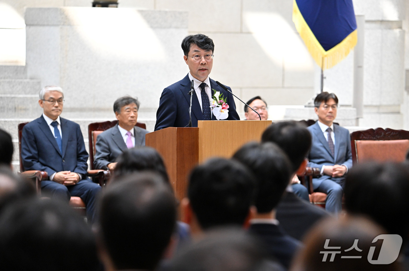 (서울=뉴스1) 이광호 기자 = 김성수 신임 대법관이 21일 서울 서초구 대법원에서 열린 취임식에서 취임사를 하고 있다. (공동취재) 2026.9.21/뉴스1