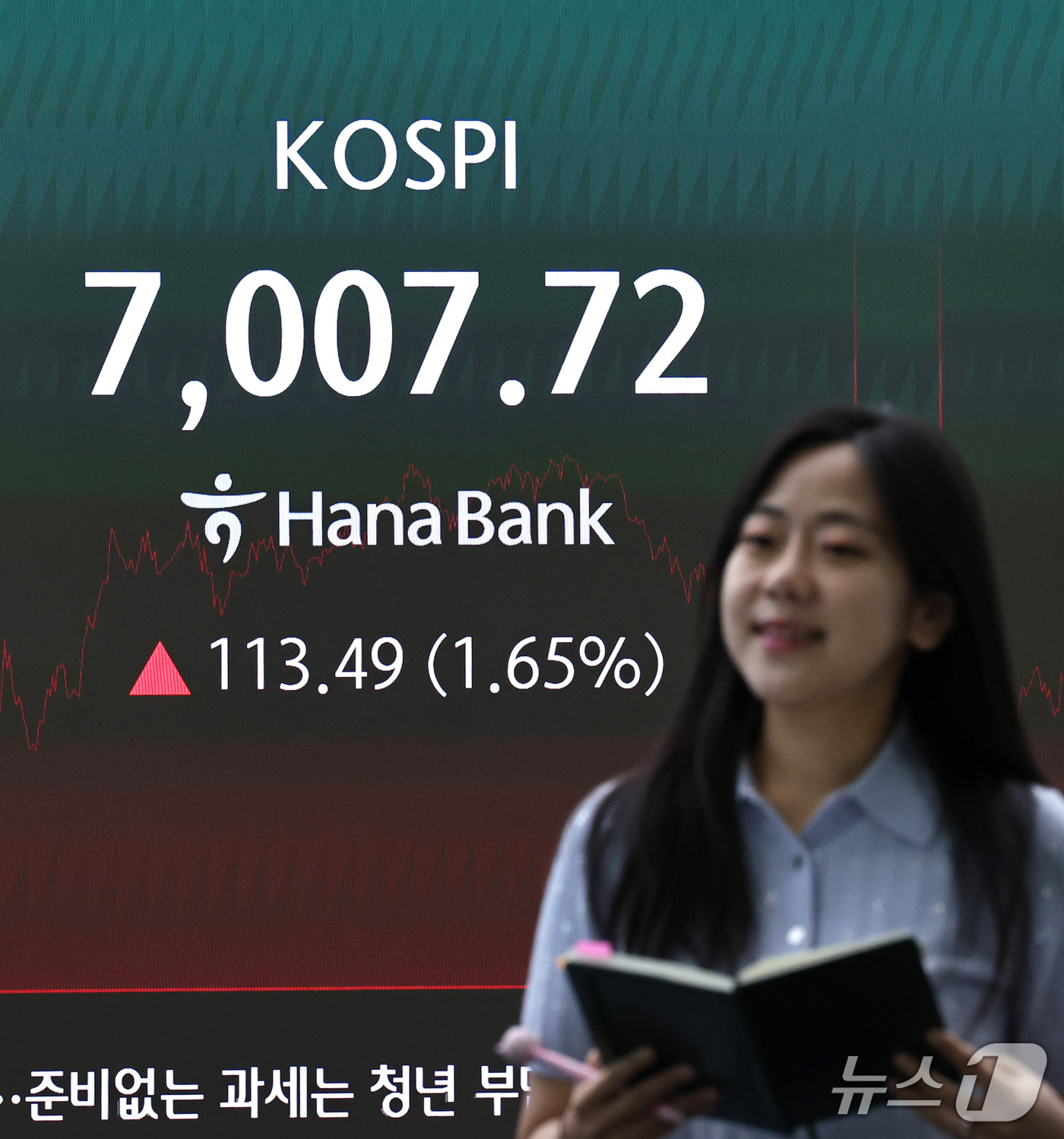(서울=뉴스1) 구윤성 기자 = 21일 서울 중구 하나은행 본점 딜링룸 전광판에 코스피 등 시황이 나타나고 있다. 이날 코스피는 전 거래일 대비 113.49포인트(1.65%) 오른 …