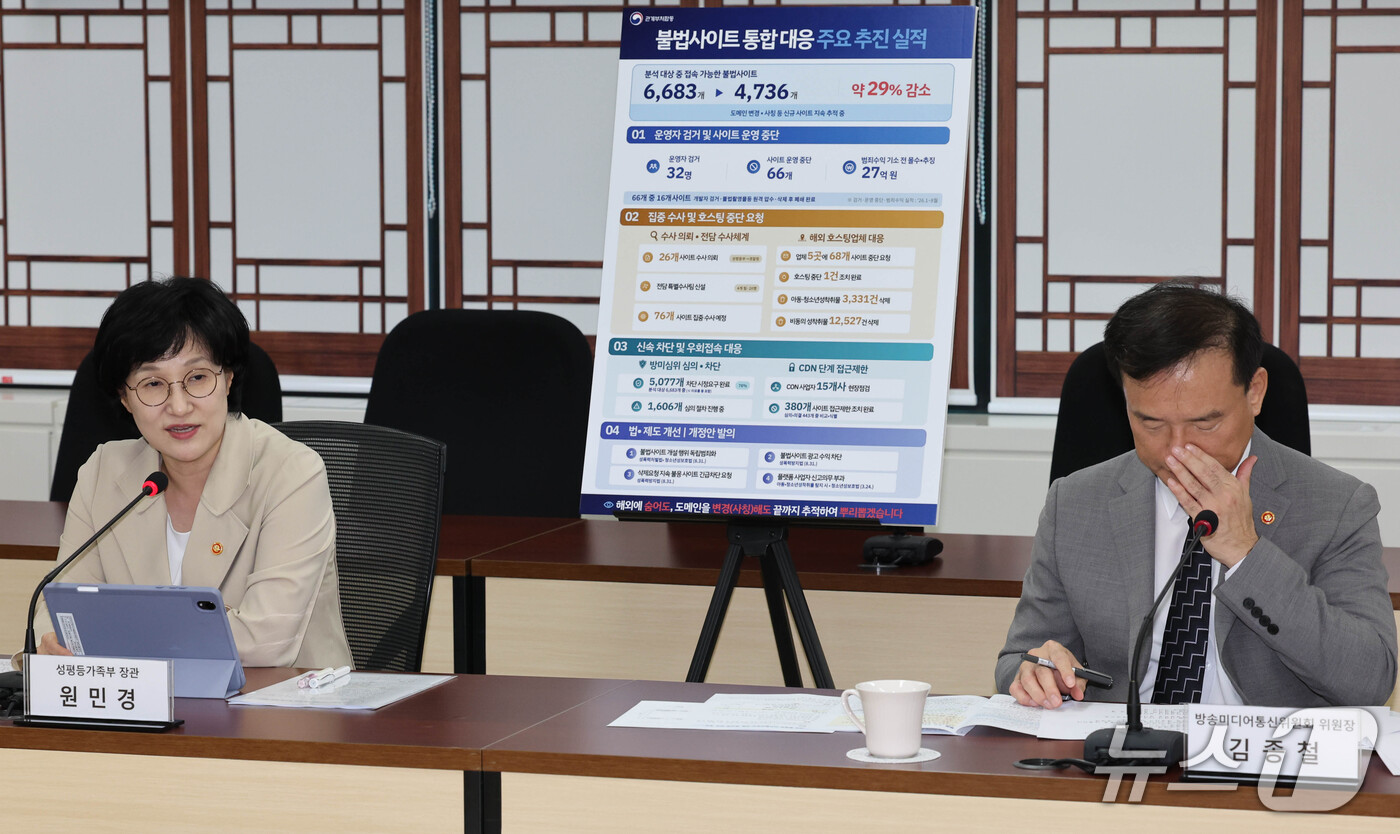(서울=뉴스1) 이종덕 기자 = 원민경 성평등가족부 장관이 22일 서울 종로구 정부서울청사에서 제3차 범정부 디지털성범죄 대응 협의체 회의에서 모두발언 하고 있다. 이날 회의에서는 …