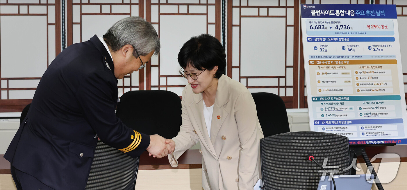 (서울=뉴스1) 이종덕 기자 = 원민경 성평등가족부 장관이 22일 서울 종로구 정부서울청사에서 제3차 범정부 디지털성범죄 대응 협의체 회의에서 홍석기 경찰청 국가수사본부장과 인사를 …