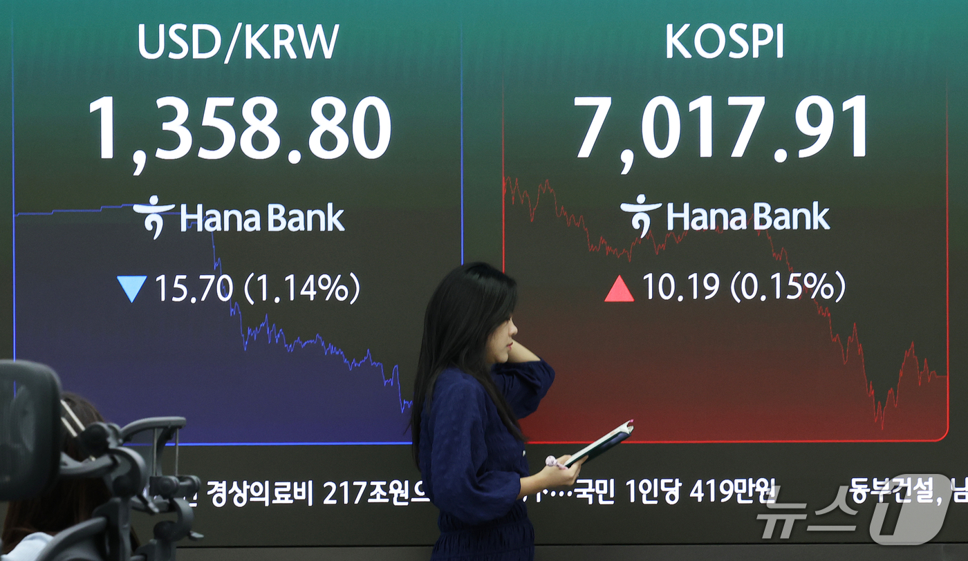 (서울=뉴스1) 오대일 기자 = 22일 오후 서울 중구 하나은행 본점 딜링룸 전광판에 코스피 등 종가가 표시되고 있다. 이날 코스피는 전 거래일 대비 0.15% 오른 7017.91 …