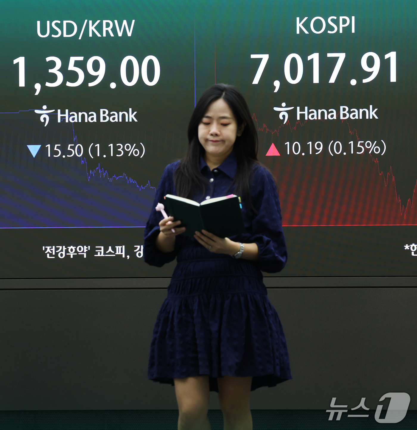 (서울=뉴스1) 오대일 기자 = 22일 오후 서울 중구 하나은행 본점 딜링룸 전광판에 코스피 등 종가가 표시되고 있다. 이날 코스피는 전 거래일 대비 0.15% 오른 7017.91 …