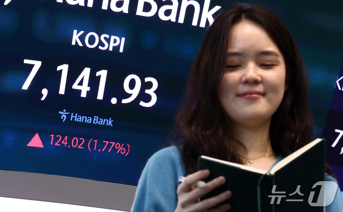 (서울=뉴스1) 최지환 기자 = 23일 오전 서울 중구 하나은행 본점 딜링룸 전광판에 증시 시황이 표시되어 있다.이날 코스피는 전 거래일 대비 136.08 포인트(1.94%) 상승 …