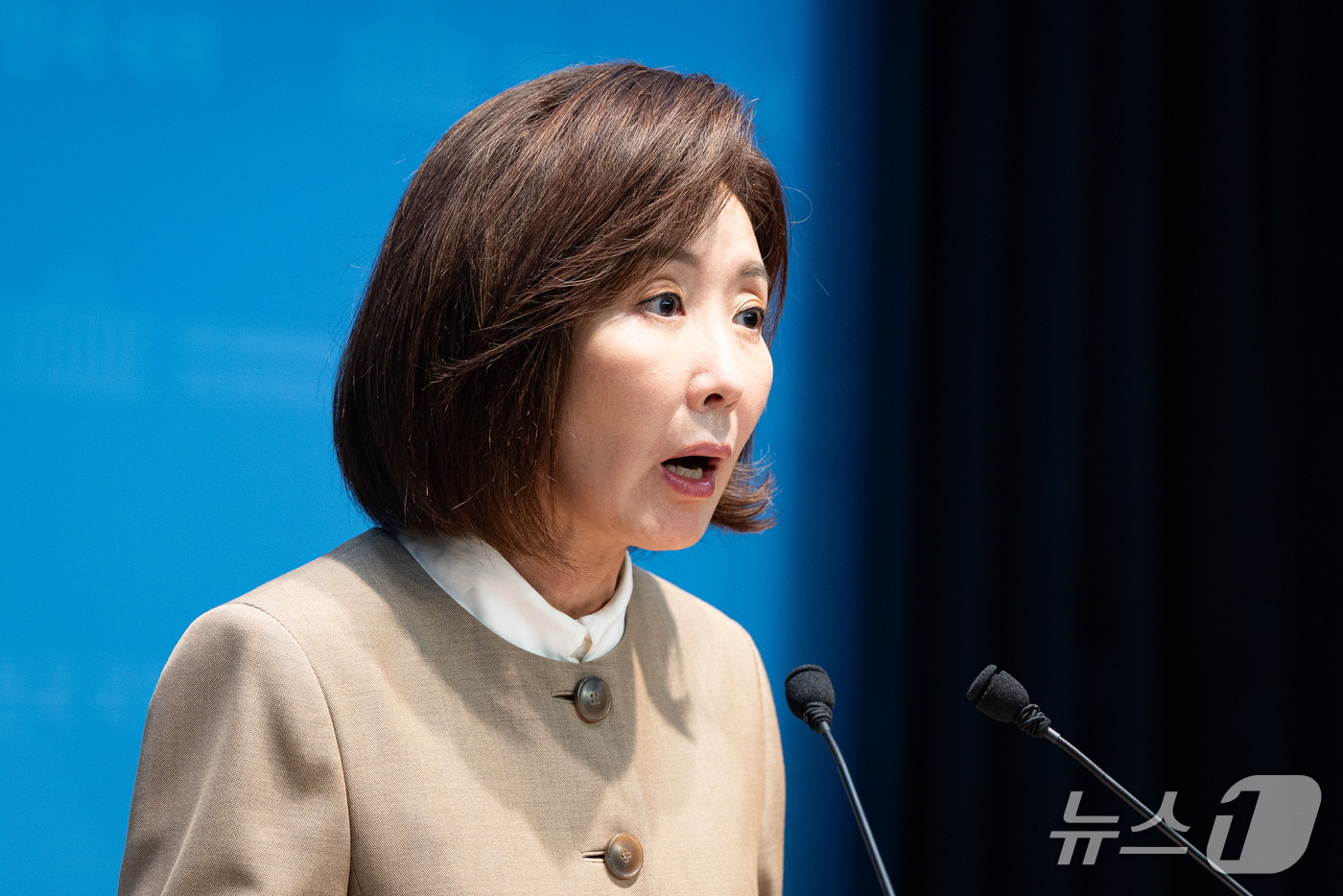 (서울=뉴스1) 유승관 기자 = 나경원 국민의힘 의원이 23일 서울 여의도 국회 소통관에서 북한소행 추정 DMZ 지뢰 발목절단 사고 관련 기자회견을 하고 있다. 2026.9.23/ …