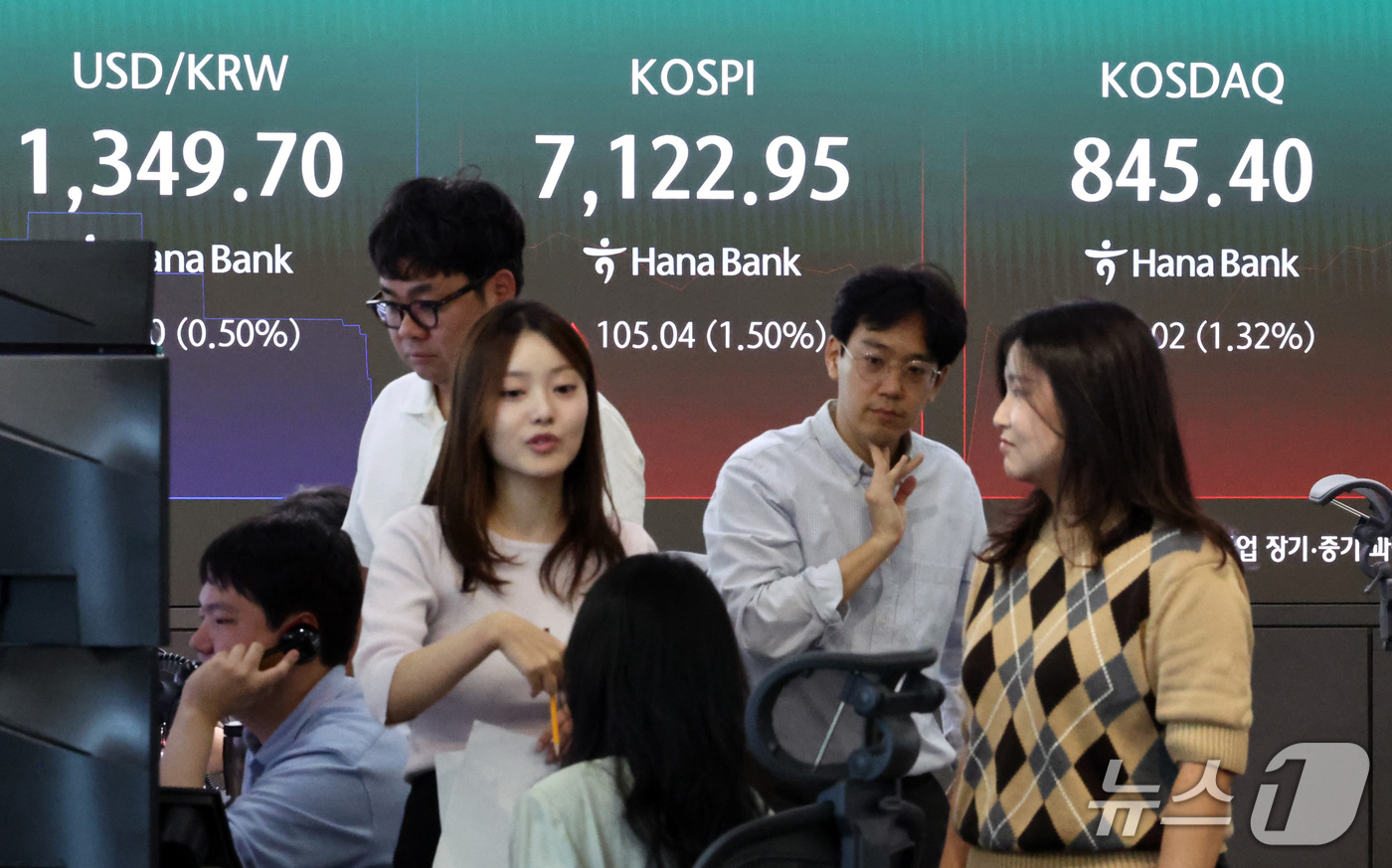 (서울=뉴스1) 최지환 기자 = 23일 오전 서울 중구 하나은행 본점 딜링룸 전광판에 증시 시황이 표시되어 있다.이날 코스피는 전 거래일 대비 136.08 포인트(1.94%) 상승 …