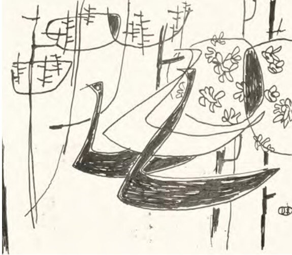 본문 이미지 - 우향 박래현, 젊음은 푸르다, 종이에 펜, 14&times;16cm, 1957, 서울신문(1957.5.26) (케이옥션 제공)