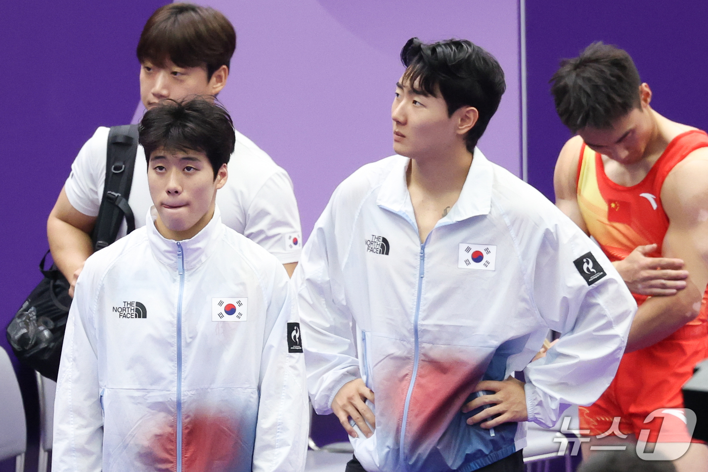 (나고야=뉴스1) 안은나 기자 = 대한민국 류성현과 김재호가 24일 일본 나고야시 종합체육관에서 열린 2026 아이치·나고야 아시안게임 기계체조 남자 마루운동 개인전 결선에서 각각 …