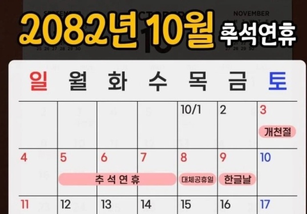 "연차 하나도 안 쓰고 9일 연휴"…직장인 술렁이게 한 '2082년' 추석 달력