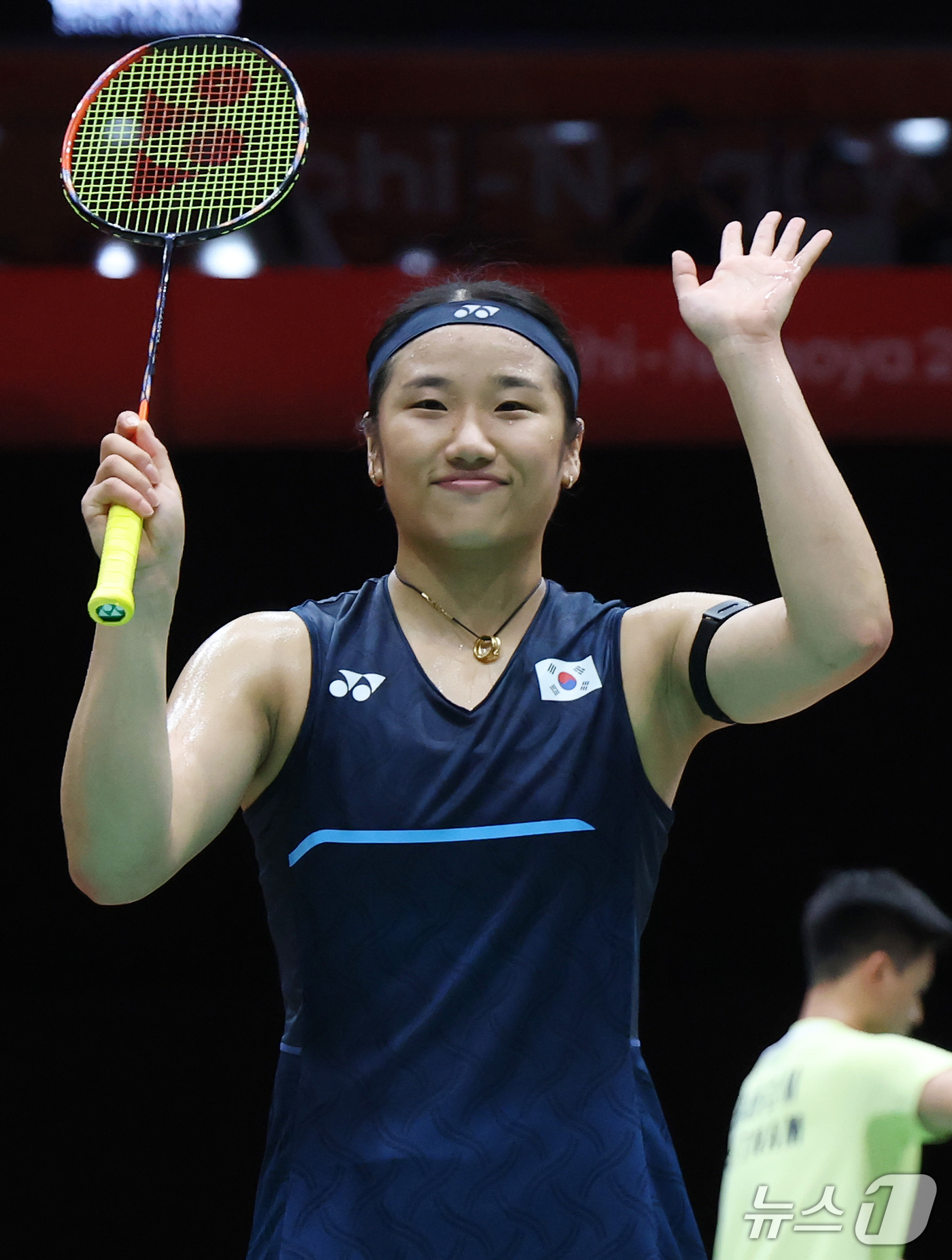 (이치노미야=뉴스1) 김민지 기자 = 27일 일본 아이치현 이치노미야 시립체육관에서 열린 2026 아이치·나고야 아시안게임 배드민턴 여자 단식 8강전 대한민국과 태국의 경기, 안세 …