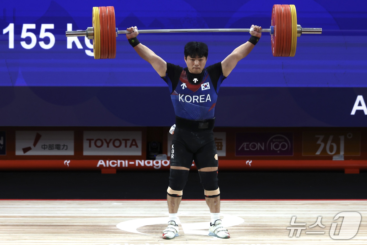 (나고야=뉴스1) 김민지 기자 = 김성민이 28일 일본 아이치현 나고야 중소기업진흥회관에서 열린 2026 아이치·나고야 아시안게임 역도 남자 85kg 결승에서 인상 2차 시기 15 …