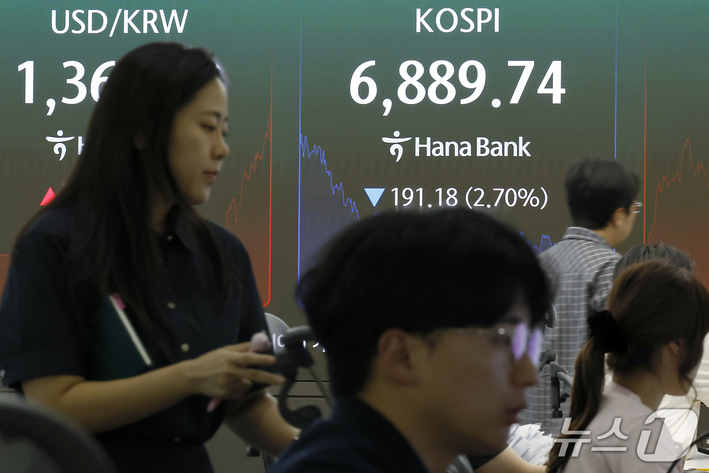 (서울=뉴스1) 박정호 기자 = 28일 오후 서울시 중구 하나은행 본점 딜링룸 전광판에 코스피 등 종가가 표시되고 있다.이날 코스피는 전 거래일 대비 191.18포인트(2.70%) …