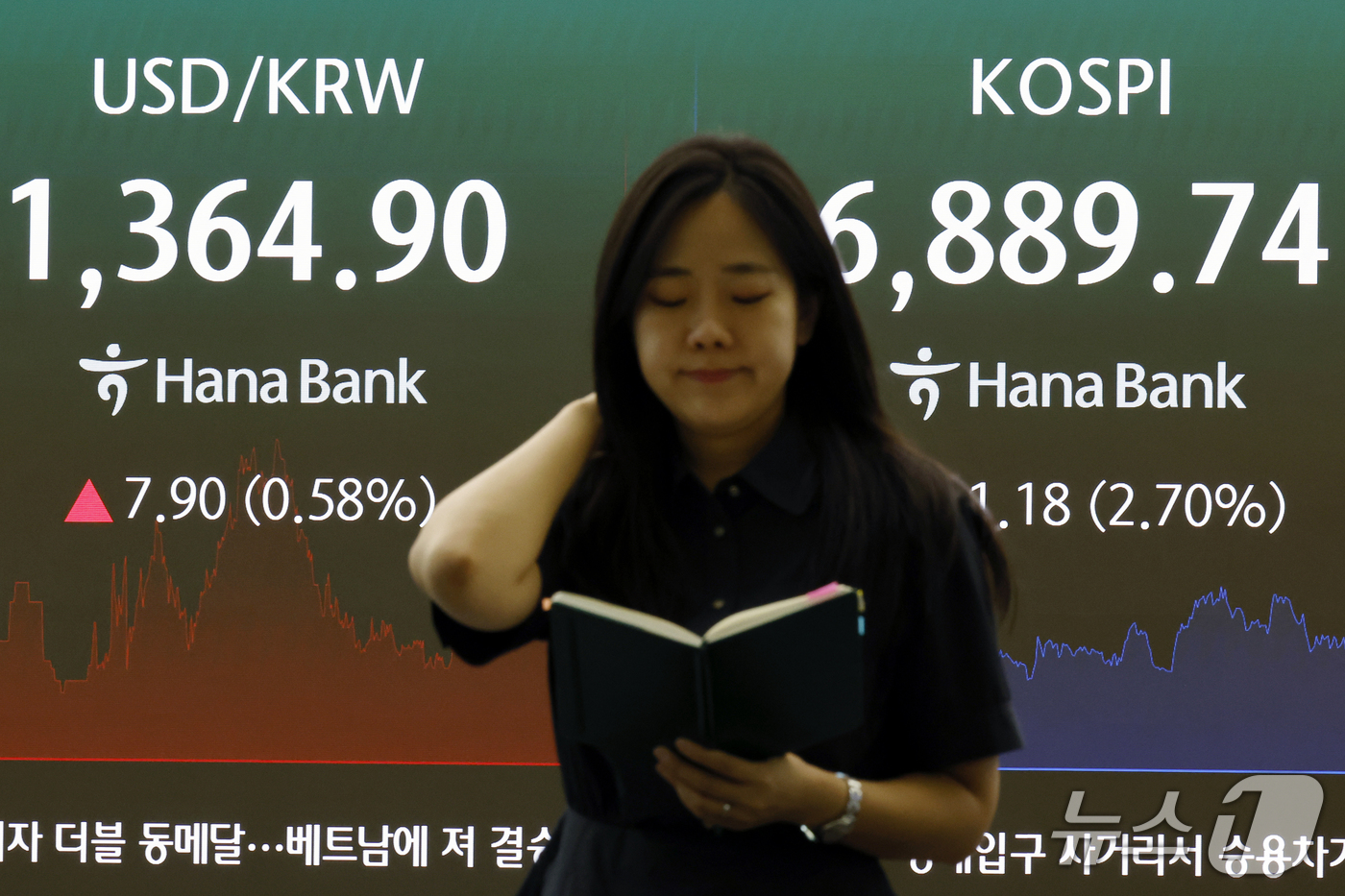 (서울=뉴스1) 박정호 기자 = 28일 오후 서울시 중구 하나은행 본점 딜링룸 전광판에 코스피 등 종가가 표시되고 있다.이날 코스피는 전 거래일 대비 191.18포인트(2.70%) …