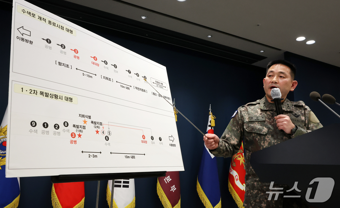 (서울=뉴스1) 김진환 기자 = 양진혁 합동참모본부 작전부장이 28일 서울 용산구 국방부 브리핑실에서 DMZ 지뢰 추정 폭발 상황 관련 중간 조사 브리핑을 하고 있다. 2026.9 …